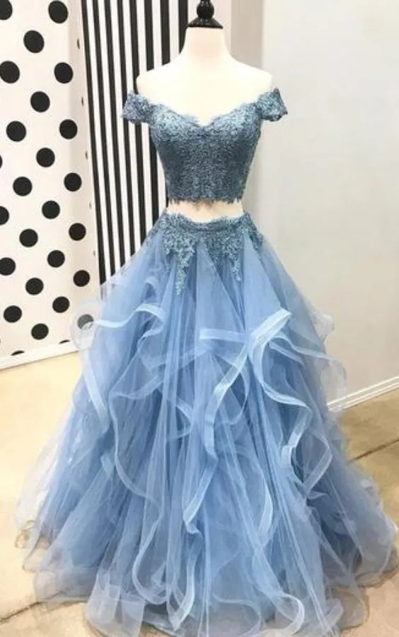 Ruffles Two Pieces Blue Lace Prom Dress Off Shoulder sold by My Chic Dress product image thumbnail 3