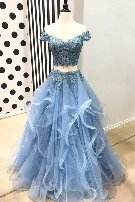 Ruffles Two Pieces Blue Lace Prom Dress Off Shoulder sold by My Chic Dress product image thumbnail 2
