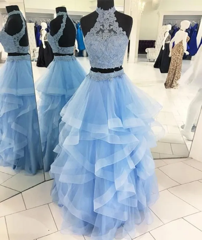 Halter Two Pieces Prom Dress Blue Tulle Lace Long Formal Dress sold by My Chic Dress