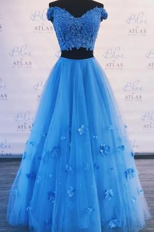 A Line 2 Piece Blue Prom Dresses Off-the-shoulder Long Formal Gown sold by My Chic Dress