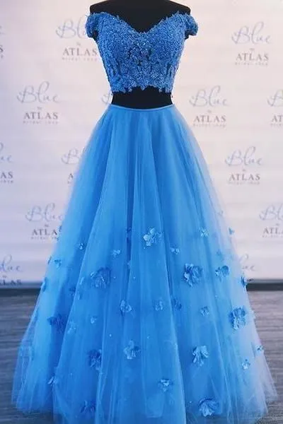 A Line 2 Piece Blue Prom Dresses Off-the-shoulder Long Formal Gown sold by My Chic Dress