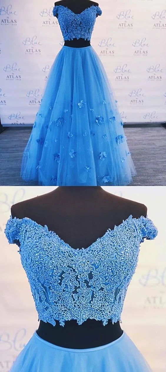 A Line 2 Piece Blue Prom Dresses Off-the-shoulder Long Formal Gown sold by My Chic Dress product image thumbnail 2