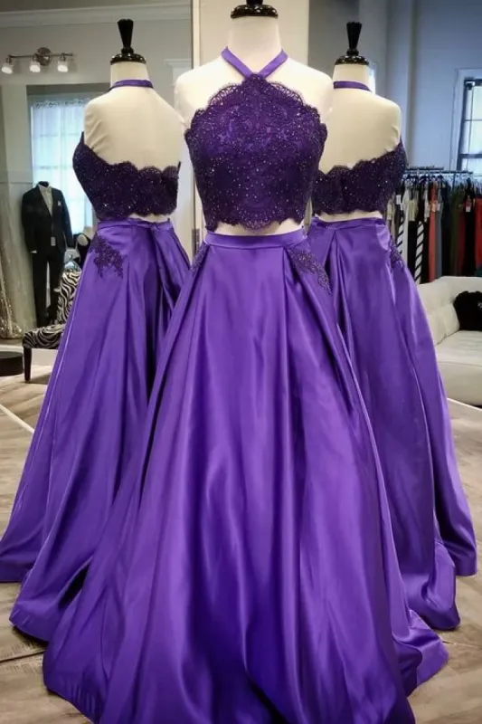 Purple 2 Piece Lace Prom Dress Halter Long Evening Gowns With Pockets sold by My Chic Dress