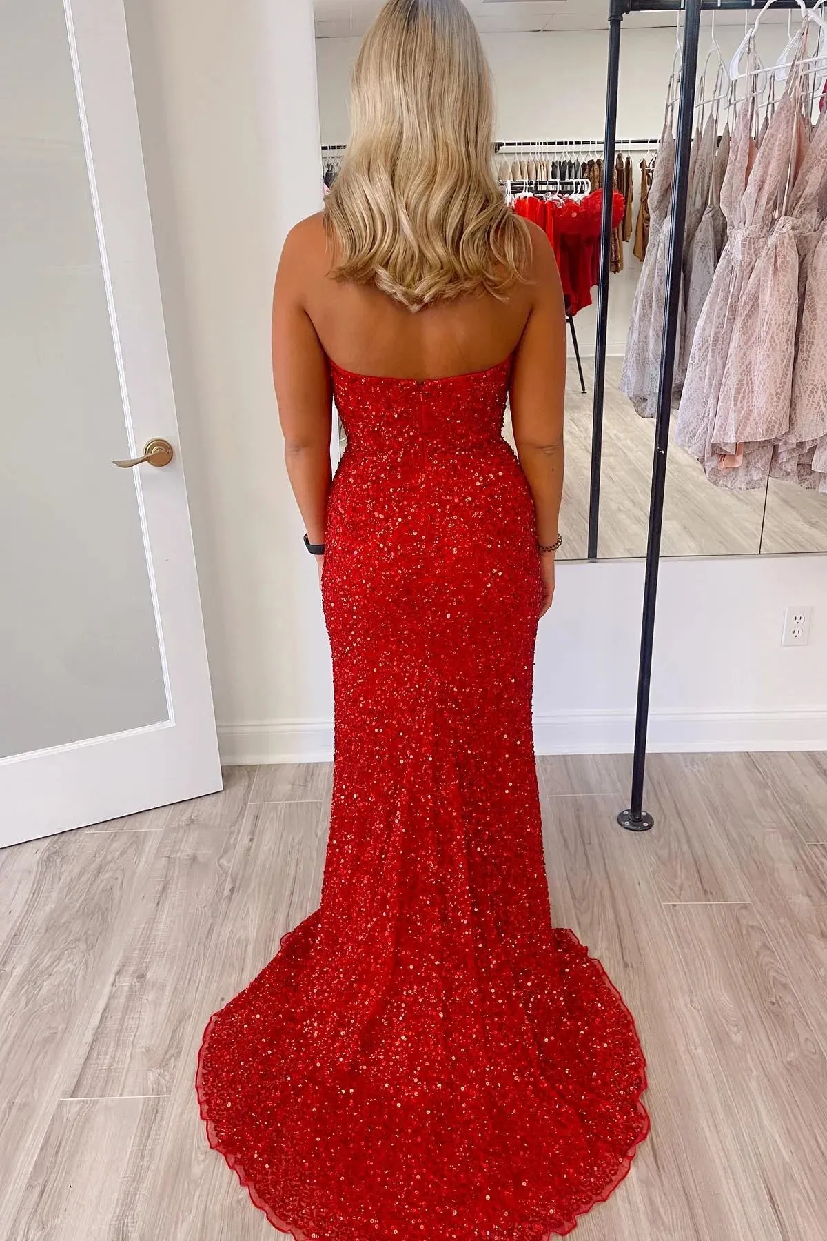 V Neck Red Long Mermaid Prom Dress Sequin Strapless sold by My Chic Dress product image thumbnail 2