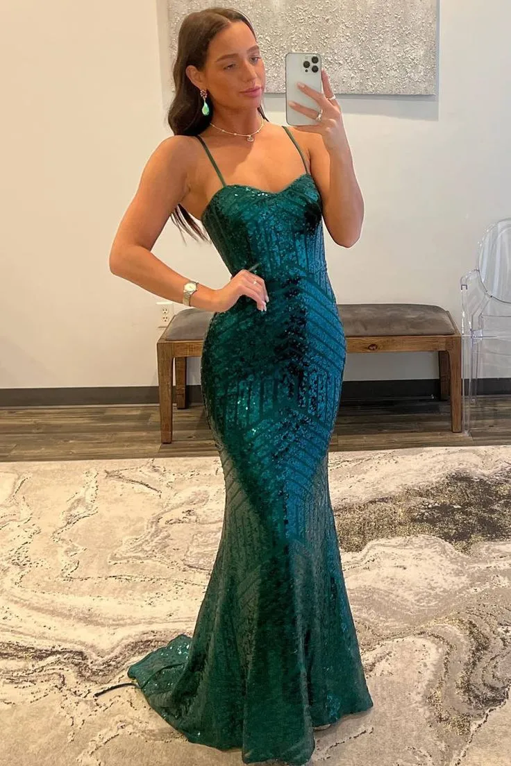 Sequin Long Prom Dress Dark Green Straps Mermaid Formal Gown sold by My Chic Dress