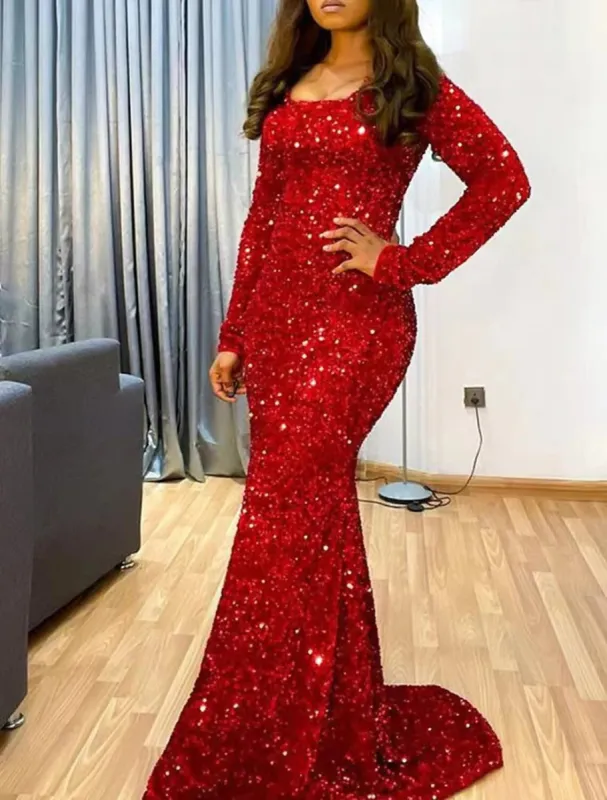 Long Sleeve Sparkle Red Formal Dress Mermaid Evening Gown Sequined sold by My Chic Dress