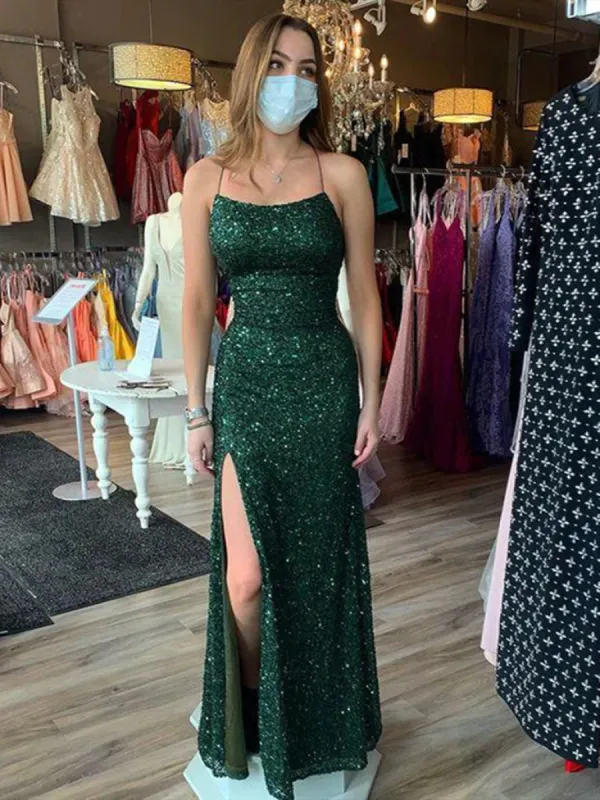 Simple Spaghetti Straps Dark Green Sequin Prom Dresses Mermaid sold by My Chic Dress