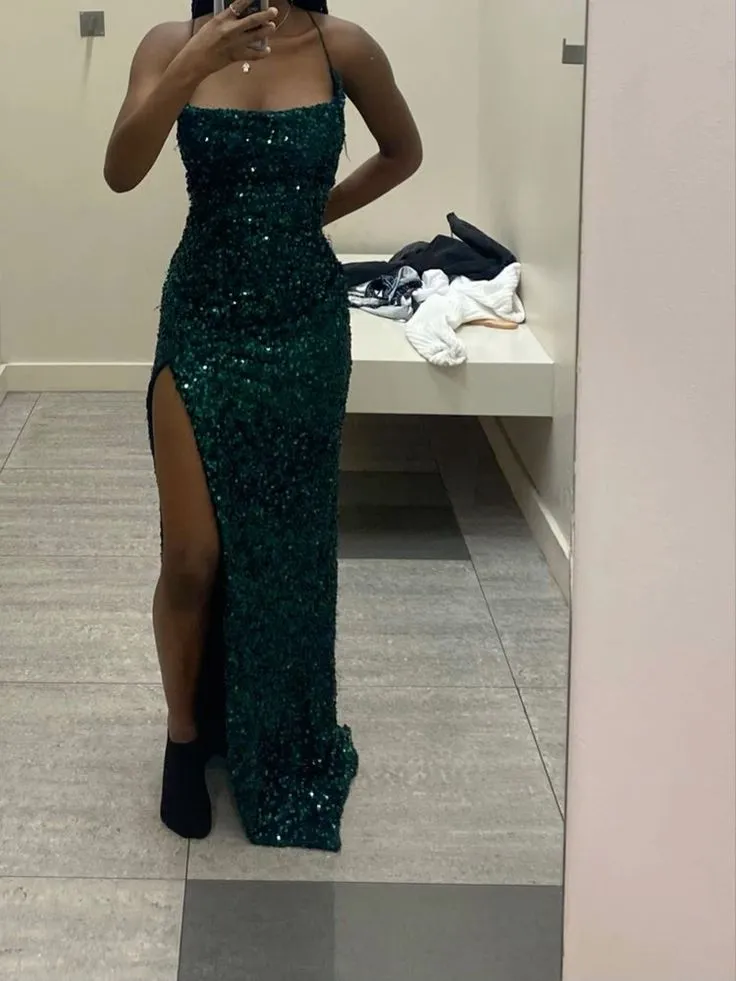 Simple Spaghetti Straps Dark Green Sequin Prom Dresses Mermaid sold by My Chic Dress product image thumbnail 2
