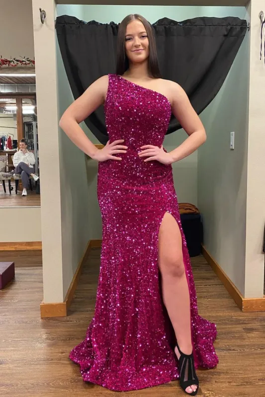 Fuchsia Sequin Prom Dress Long Mermaid Formal Dress Magenta One Shoulder sold by My Chic Dress
