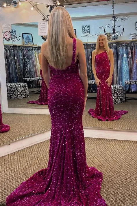 Fuchsia Sequin Prom Dress Long Mermaid Formal Dress Magenta One Shoulder sold by My Chic Dress product image thumbnail 2