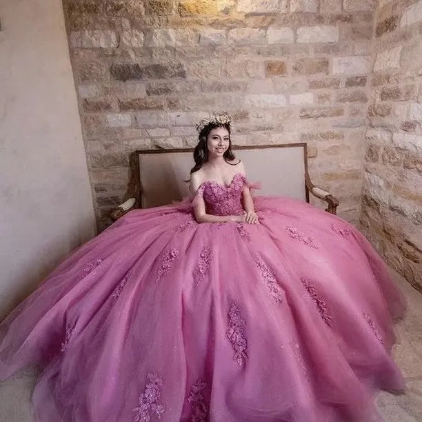 Lace Appliqué 3D Flower Plus Size Quinceanera Dress Off Shoulder Fluffy sold by My Chic Dress