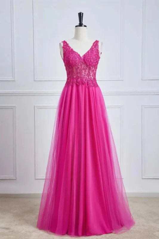 Fuchsia A-line Long Prom Dress Magenta Plunging V Neck Floral sold by My Chic Dress