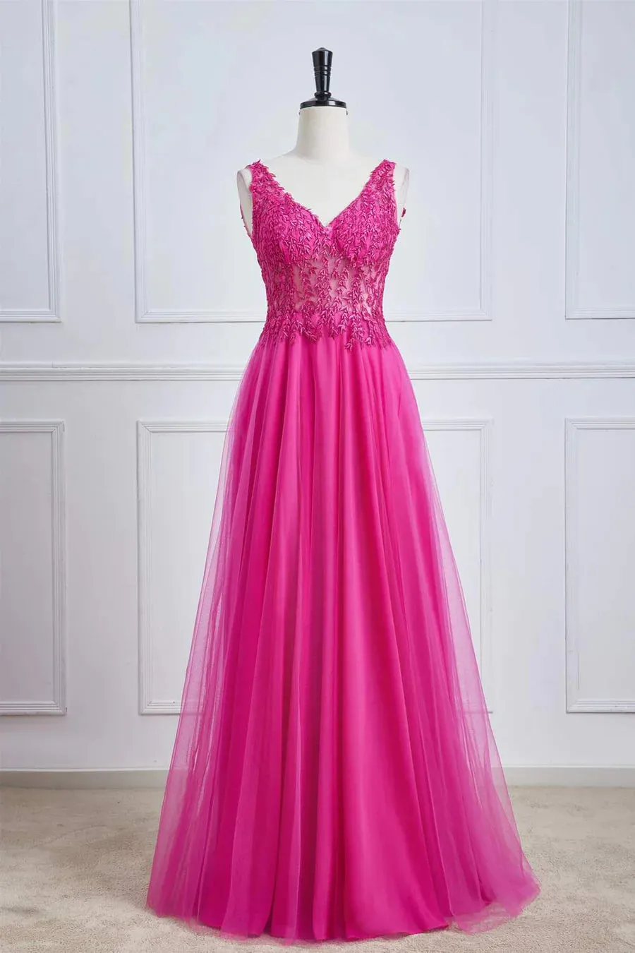Fuchsia A-line Long Prom Dress Magenta Plunging V Neck Floral sold by My Chic Dress