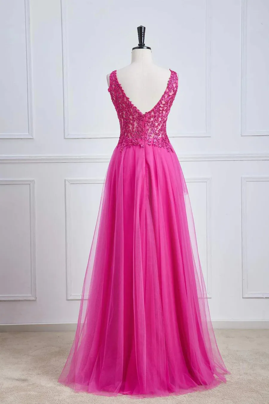 Fuchsia A-line Long Prom Dress Magenta Plunging V Neck Floral sold by My Chic Dress product image thumbnail 3
