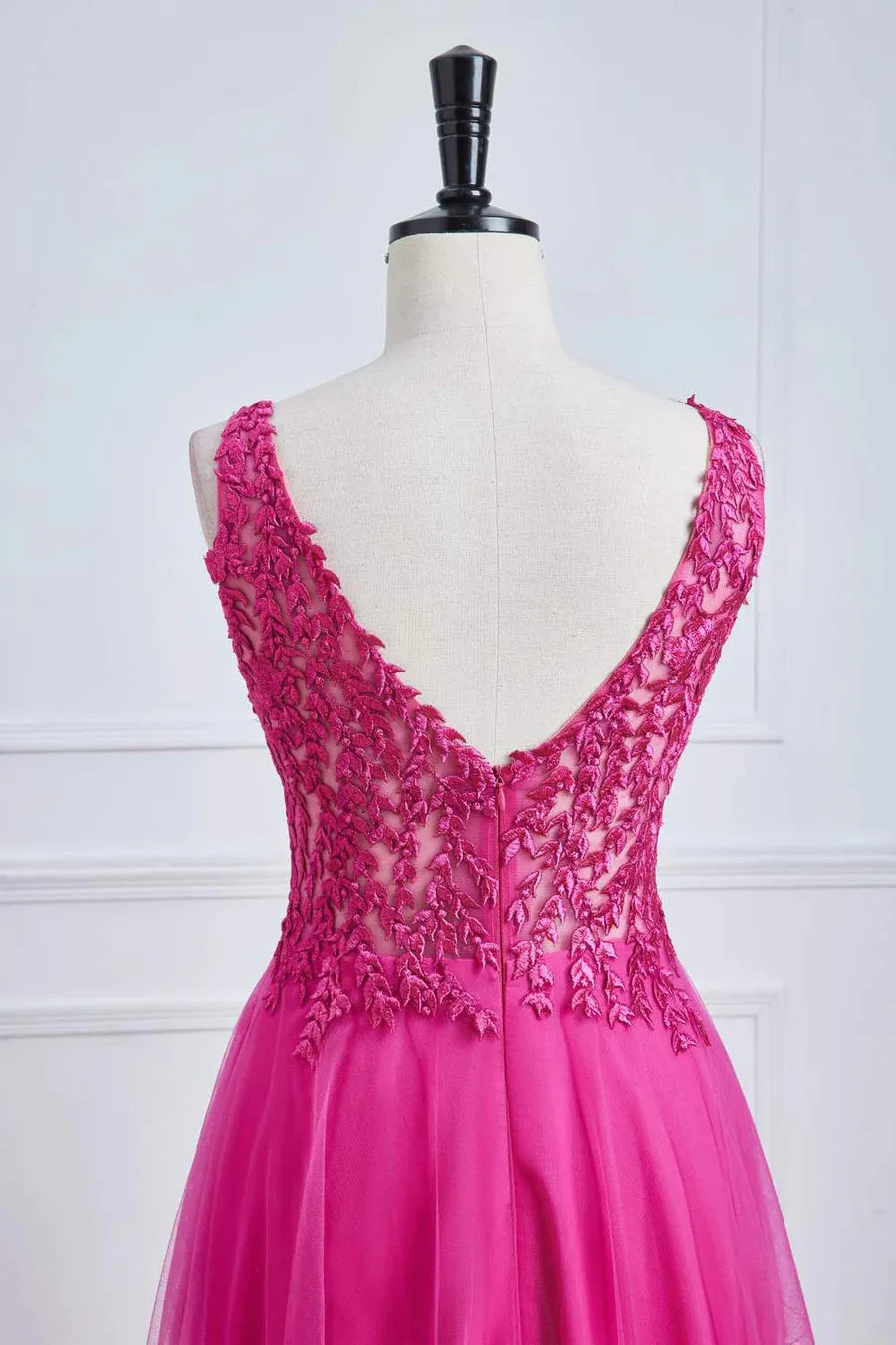 Fuchsia A-line Long Prom Dress Magenta Plunging V Neck Floral sold by My Chic Dress product image thumbnail 4
