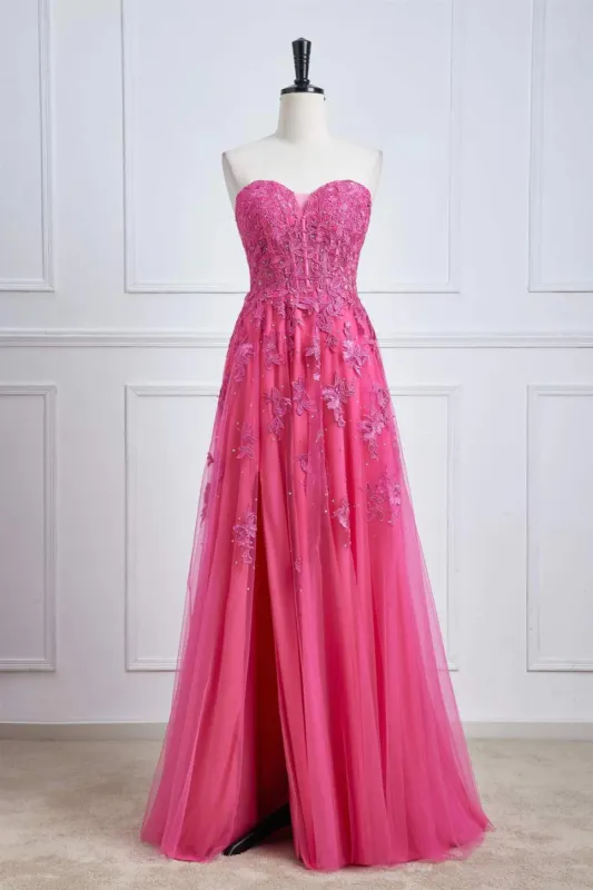 Long Fuchsia Prom Dresses Strapless A-line Floral Formal Wear Slit sold by My Chic Dress