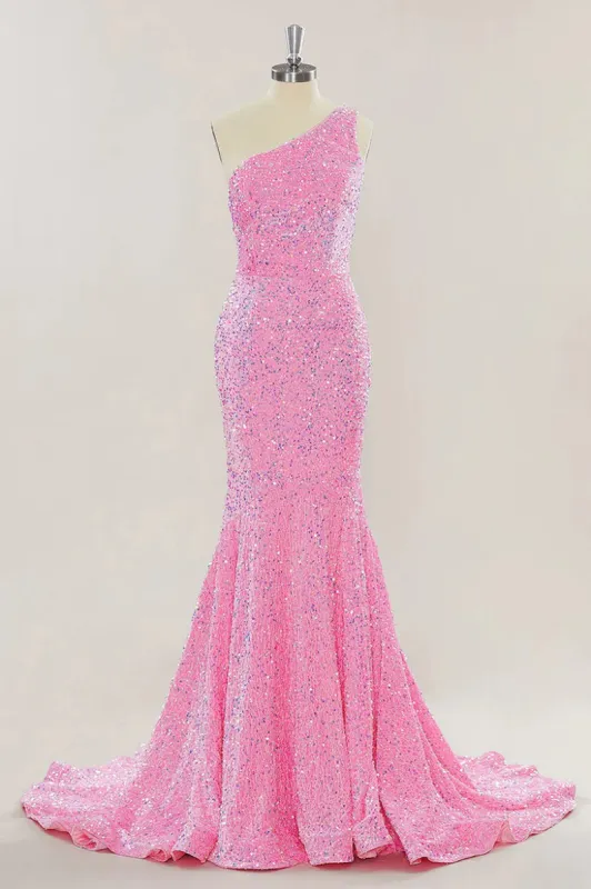 Pink Long Prom Dresses One Shoulder Sequins Formal Gown Mermaid sold by My Chic Dress