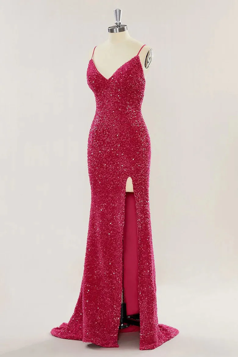 Custom Red Prom Dress Sequins Mermaid Long Evening Dress with Slit sold by My Chic Dress product image thumbnail 2