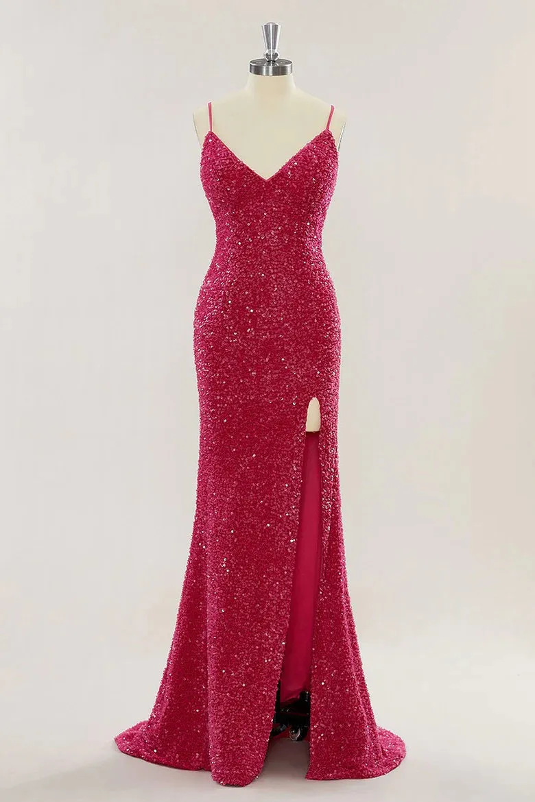 Custom Red Prom Dress Sequins Mermaid Long Evening Dress with Slit sold by My Chic Dress