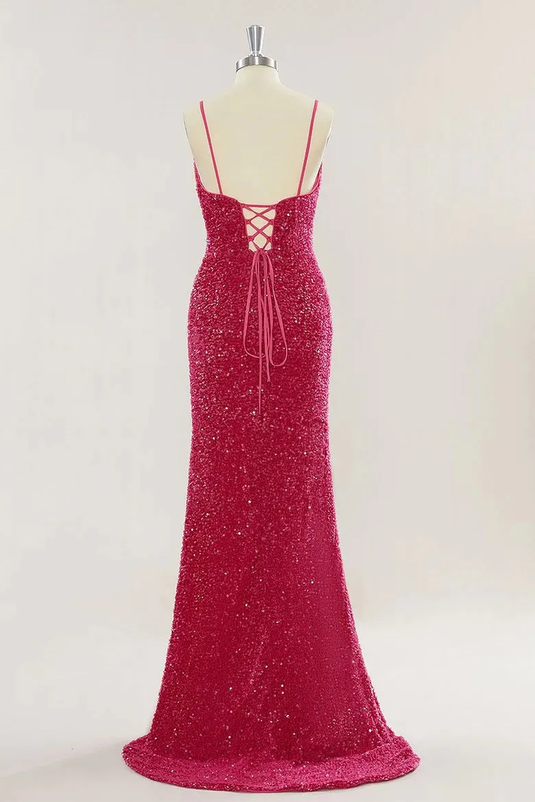 Custom Red Prom Dress Sequins Mermaid Long Evening Dress with Slit sold by My Chic Dress product image thumbnail 4