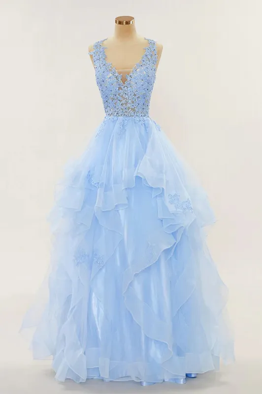A-line Long Layers Lace Prom Dresses Light Blue Beaded Appliques sold by My Chic Dress