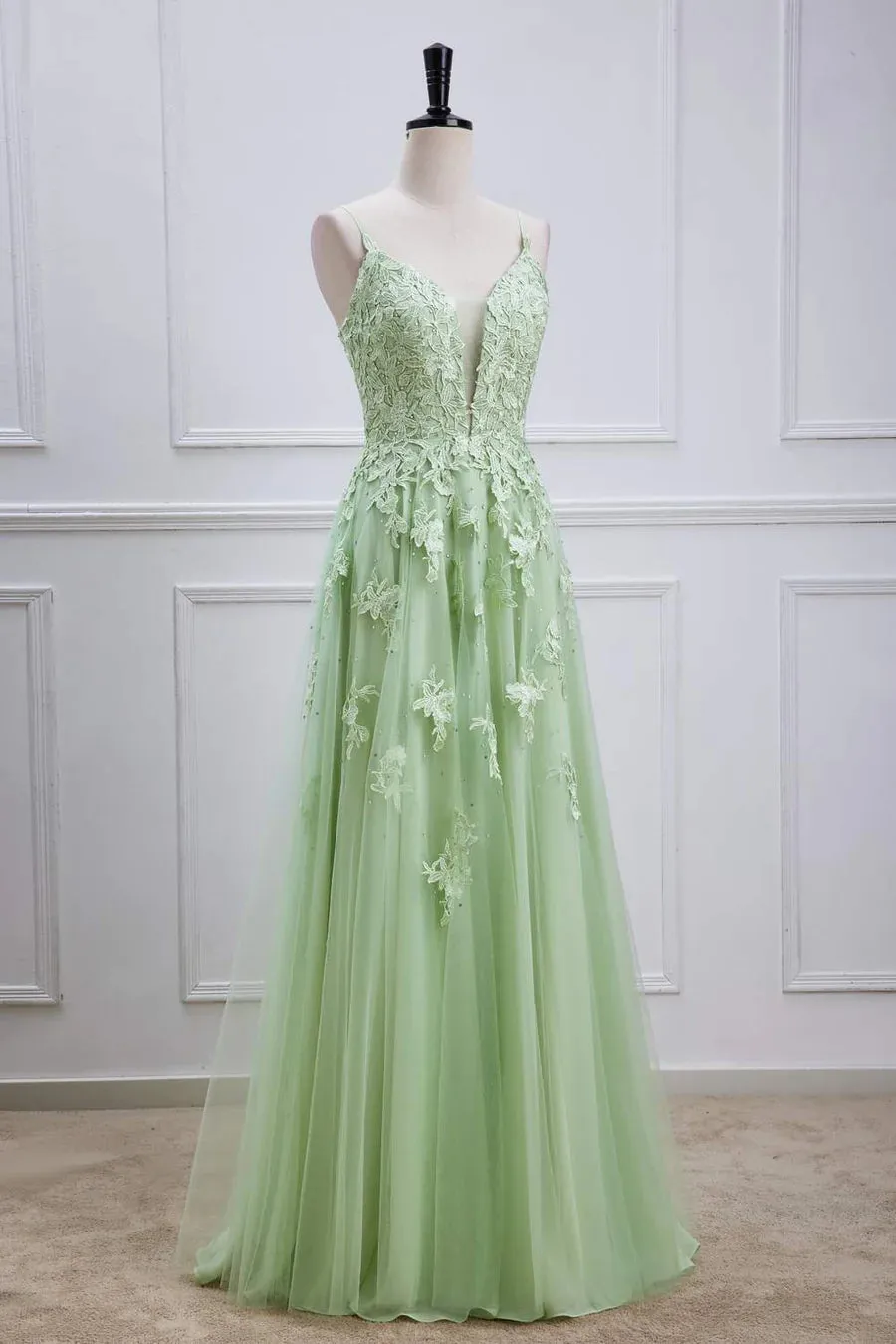 Sage Green Long Prom Dresses Lace Appliques V Neck Lace-Up sold by My Chic Dress product image thumbnail 2