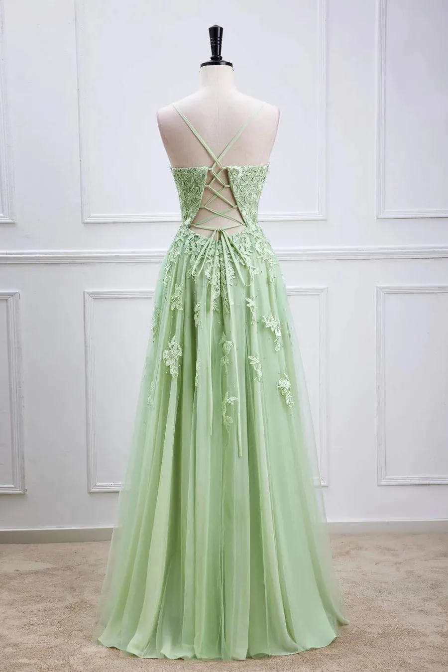 Sage Green Long Prom Dresses Lace Appliques V Neck Lace-Up sold by My Chic Dress product image thumbnail 4