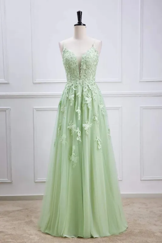 Sage Green Long Prom Dresses Lace Appliques V Neck Lace-Up sold by My Chic Dress
