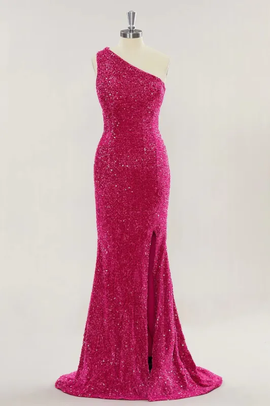 Cheap One Shoulder Long Prom Dress Hot Pink Sequins Mermaid Slit sold by My Chic Dress