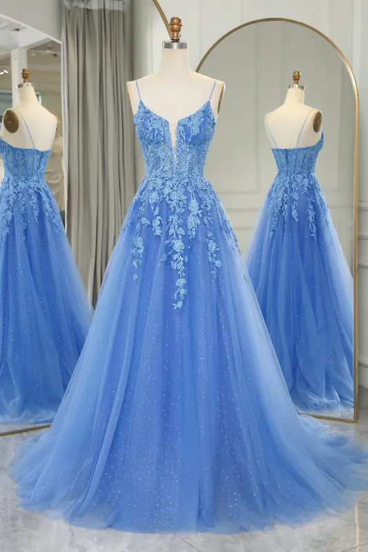 Blue Long Prom Dress Cheap A-Line Formal Dress Tulle With Appliques sold by My Chic Dress