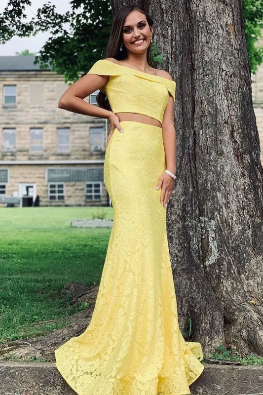2 Piece Yellow Lace Prom Dress Mermaid Off the Shoulder Formal Dress sold by My Chic Dress