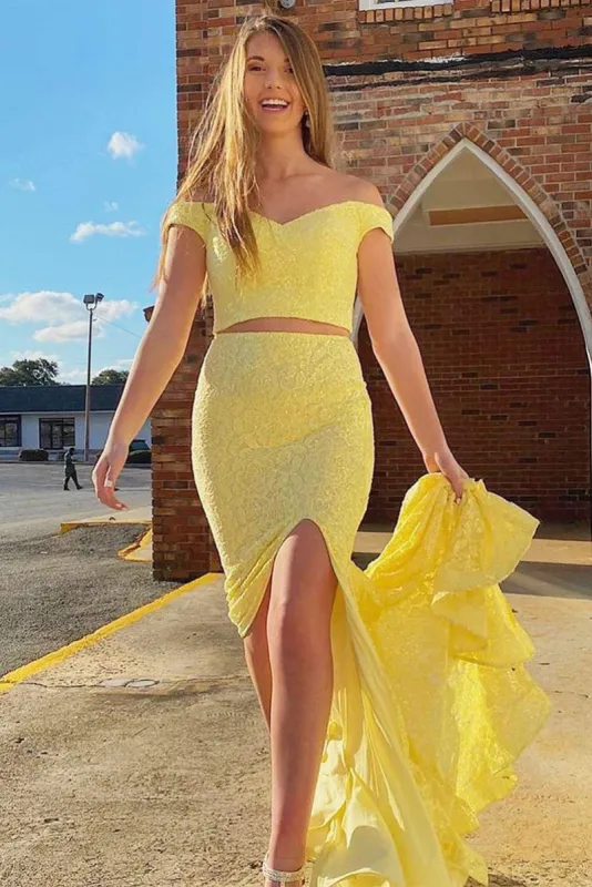 Mermaid 2 Piece Yellow Prom Dresses Cheap Off Shoulder with Split sold by My Chic Dress