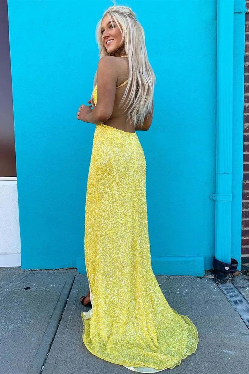 Yellow Sequined Mermaid Prom Dress V-Neck Long Evening Dress UK sold by My Chic Dress product image thumbnail 2