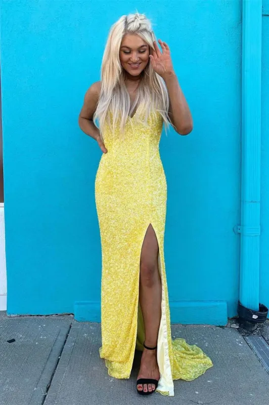 Yellow Sequined Mermaid Prom Dress V-Neck Long Evening Dress UK sold by My Chic Dress