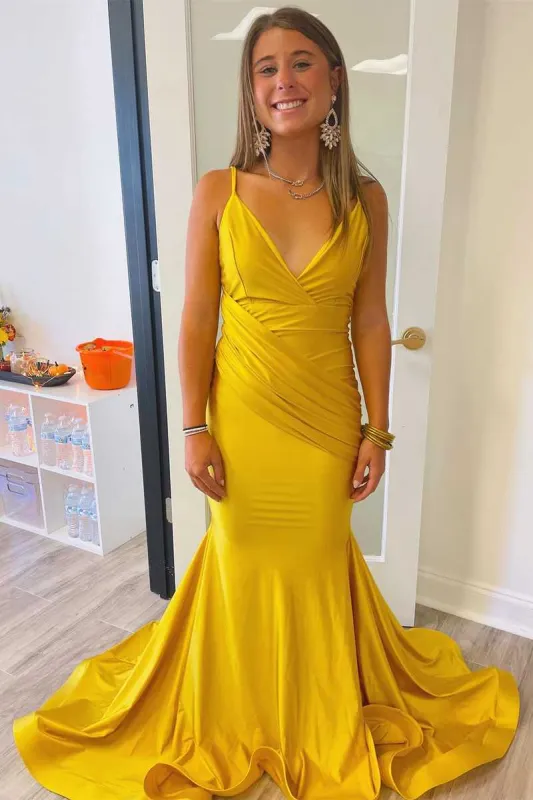 Long Mustard Yellow Prom Dresses Straps Mermaid Pleated sold by My Chic Dress