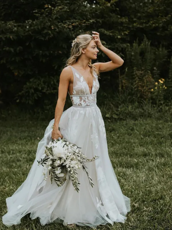 Elegant Lace Applique A Line Real Wedding Gowns V Neck Sleeveless sold by My Chic Dress