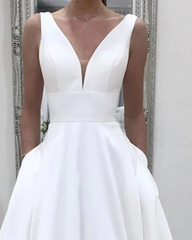 Simple Satin Minimalist Wedding Dress A Line V neck Sleeveless with Pockets sold by My Chic Dress product image thumbnail 2
