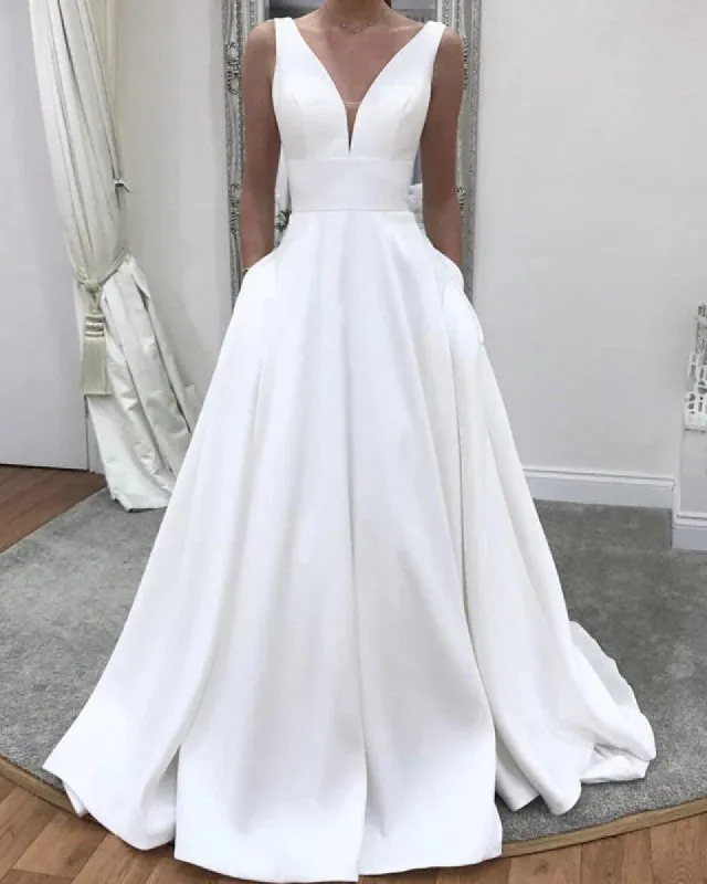 Simple Satin Minimalist Wedding Dress A Line V neck Sleeveless with Pockets sold by My Chic Dress