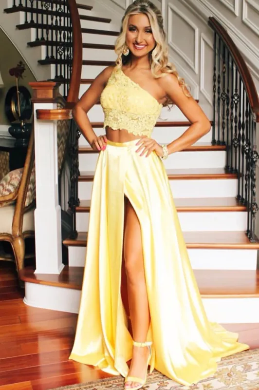 Lace Yellow 2 Piece Prom Dresses One Shoulder with Slit sold by My Chic Dress
