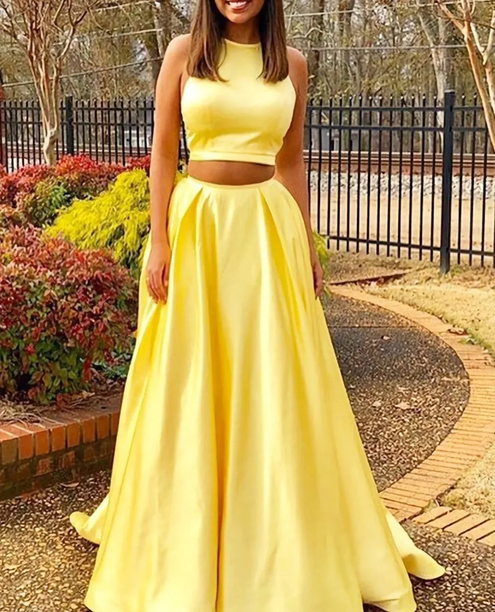 Simple Two Piece Yellow Prom Dresses Satin Long With Pockets sold by My Chic Dress product image thumbnail 2