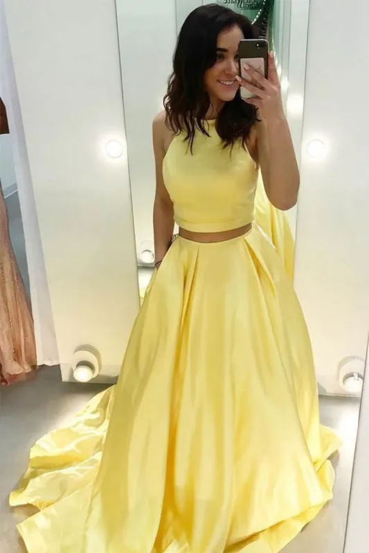 Simple Two Piece Yellow Prom Dresses Satin Long With Pockets sold by My Chic Dress