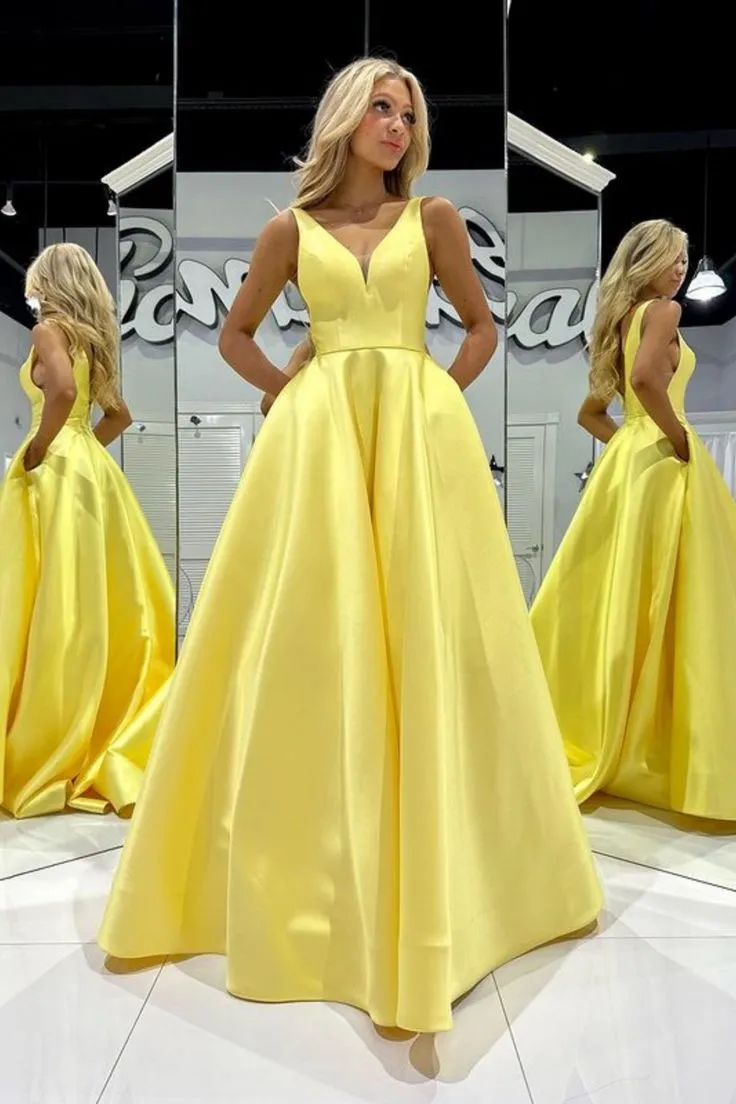 Satin Long Prom Dress Yellow A Line Formal Dress V Neck With Pocket sold by My Chic Dress product image thumbnail 2