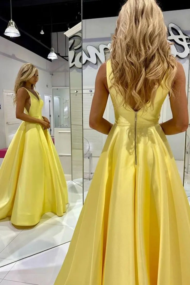 Satin Long Prom Dress Yellow A Line Formal Dress V Neck With Pocket sold by My Chic Dress product image thumbnail 3