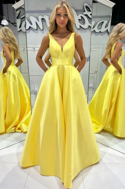 Satin Long Prom Dress Yellow A Line Formal Dress V Neck With Pocket sold by My Chic Dress