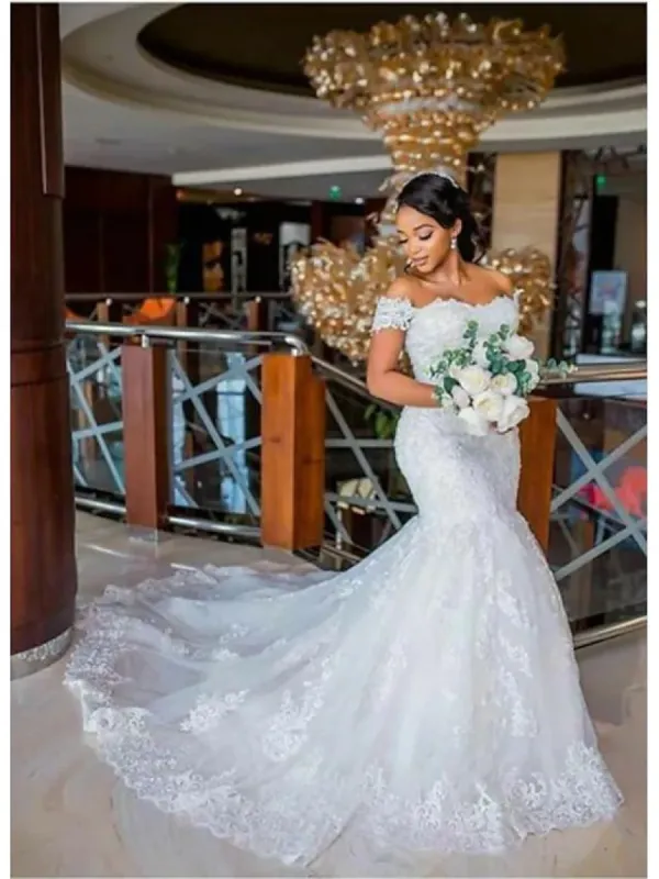 Princess Lace Wedding Dresses Mermaid Off Shoulder Straps Appliques sold by My Chic Dress