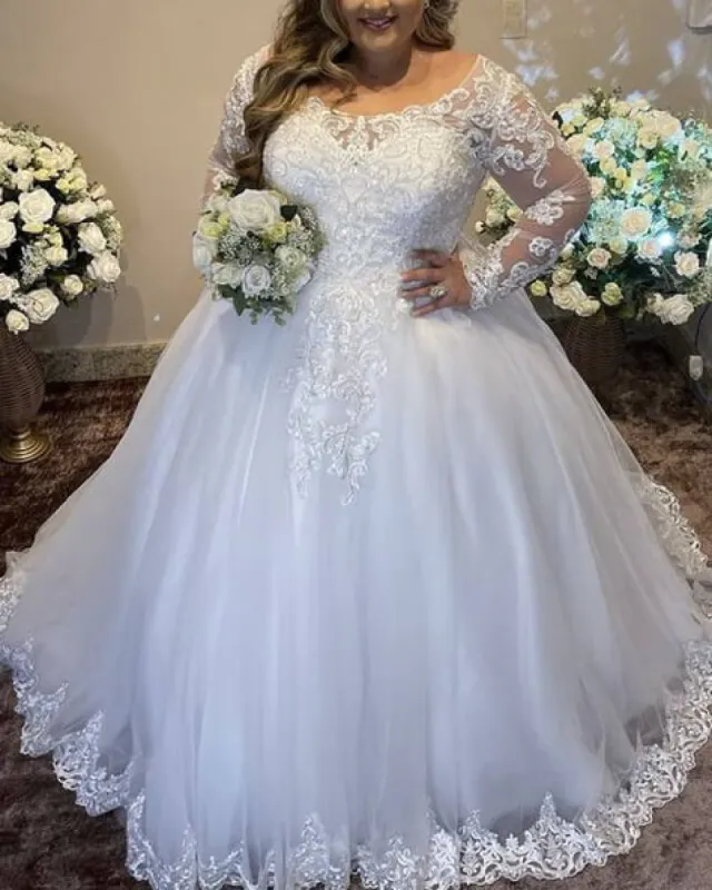 Hot Long Sleeves Modest Plus Size Wedding Dresses Tulle Lace Off the Shoulder sold by My Chic Dress