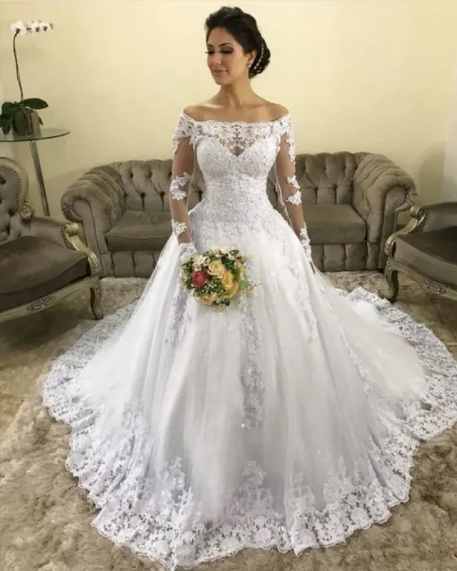 Vintage Long Sleeves Off-the-shoulder Lace Modest Wedding Dresses Discount sold by My Chic Dress
