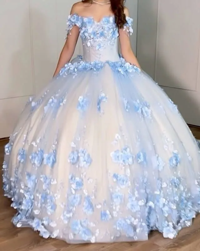Ball Gown Sweet 16 Dress Light Blue Flowers Off The Shoulder Quinceanera Dresses sold by My Chic Dress