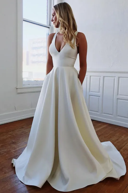 Simple Satin Minimalist Wedding Dresses V Neck Sleeveless with Pockets Bow sold by My Chic Dress