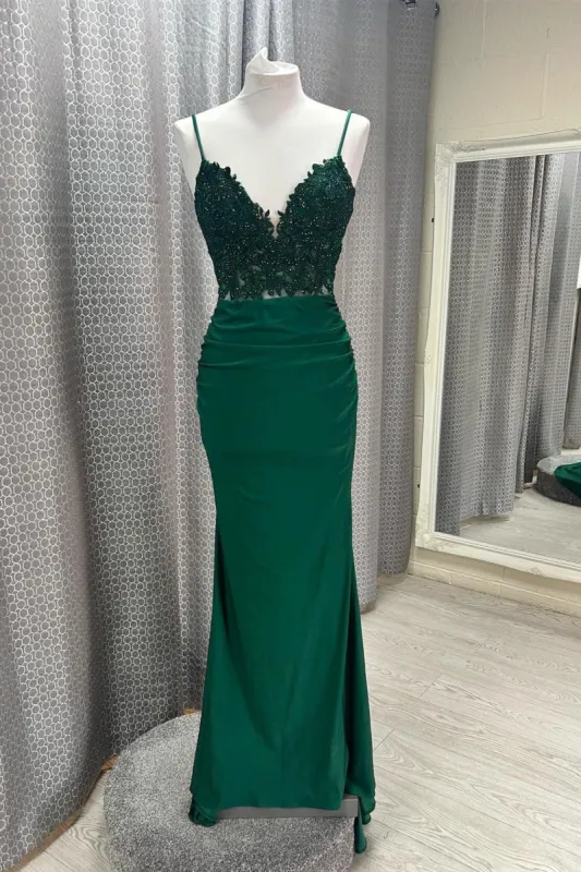 Hot V Neck Dark Green Prom Dresses Mermaid Straps Appliques sold by My Chic Dress